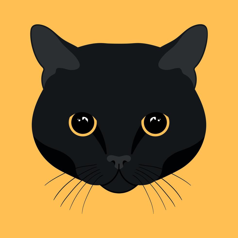 Black cat head on yellow background. Feline face. Black cat with big yellow eyes. illustration vector