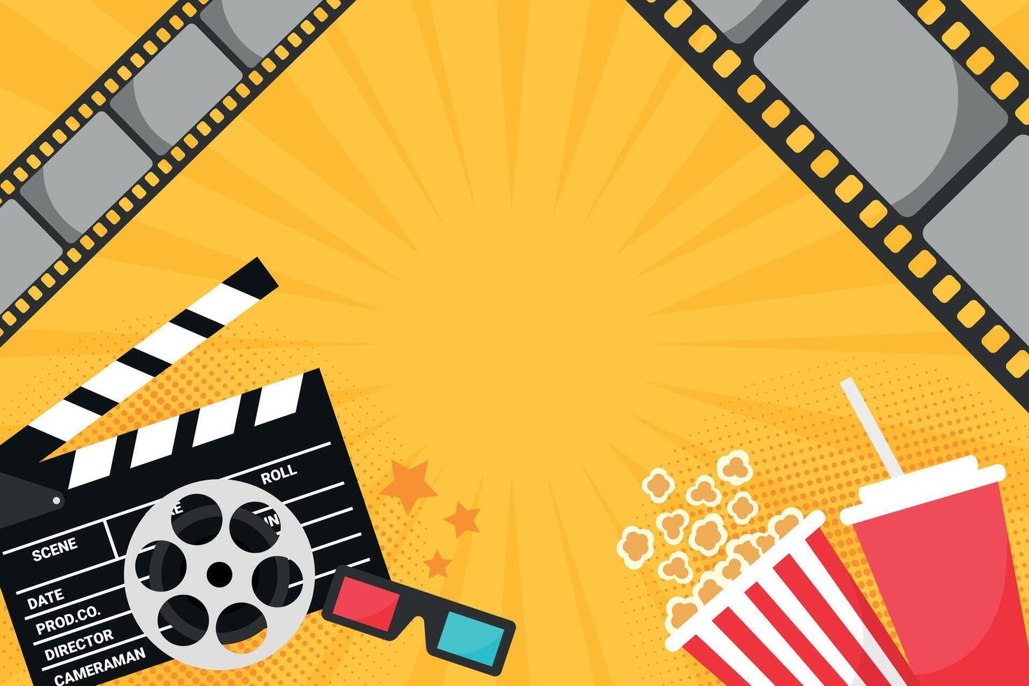Cinema movie banner with pop art style elements. Popcorn bucket, cold drink soda with straw, clapper board, film reel and 3d glasses. Movie film premiere template vector