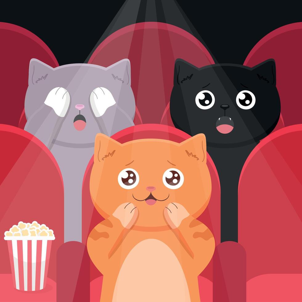 Three cute cats sitting in movie theater. Kittens watching a movie in movie hall with red seats and spotlight. Cute cartoon characters with different emotions. illustration vector