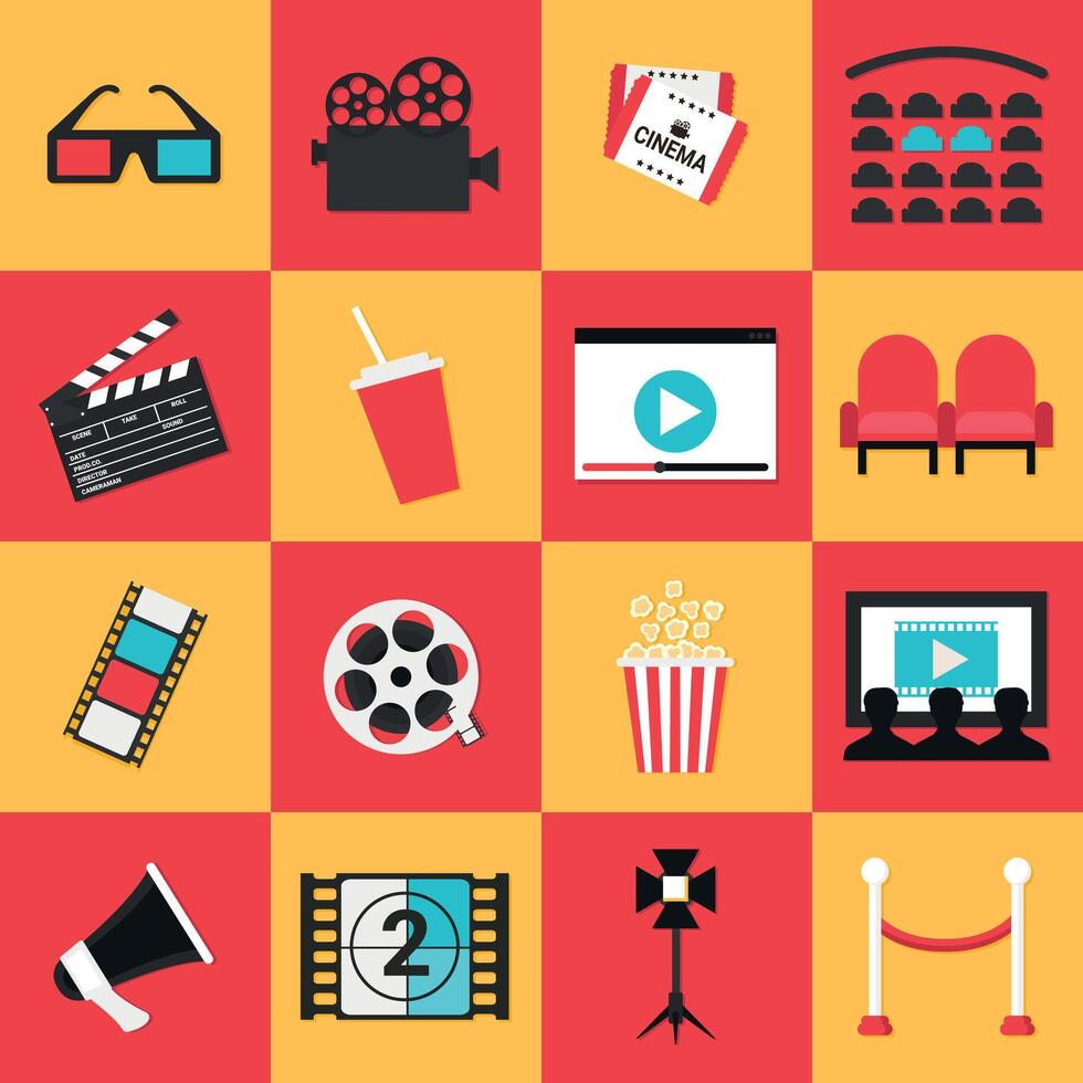 Cinema movie icons set. 3d glasses, camera, tickets, movie theater reservation, clapper board, film strip, film reel, popcorn bucket, movie theater screen, light projector vector