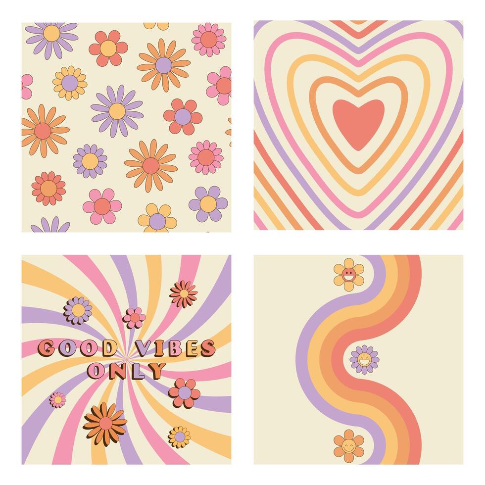 Set of groovy retro style cards with hippie symbols. Good vibes only slogan, daisy flowers seamless pattern, heart, sunburst, twisted waves and peace sign vector