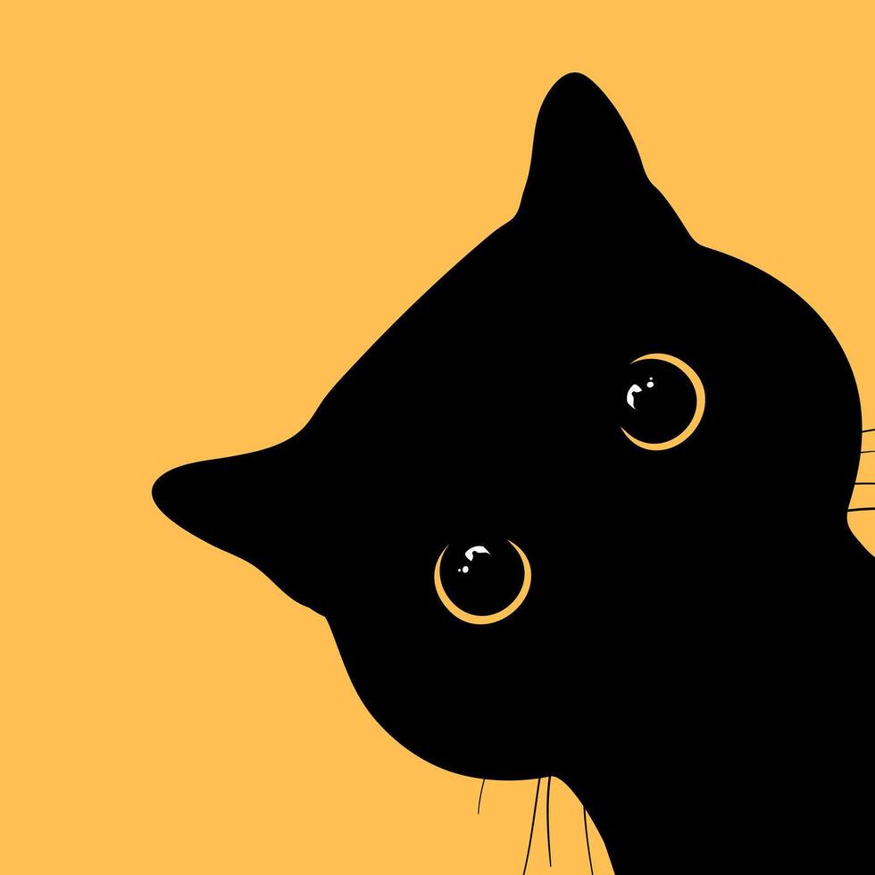 Peeking black cat with big yellow eyes on yellow background. Curious cat is looking out of the corner. Cute black cat face vector