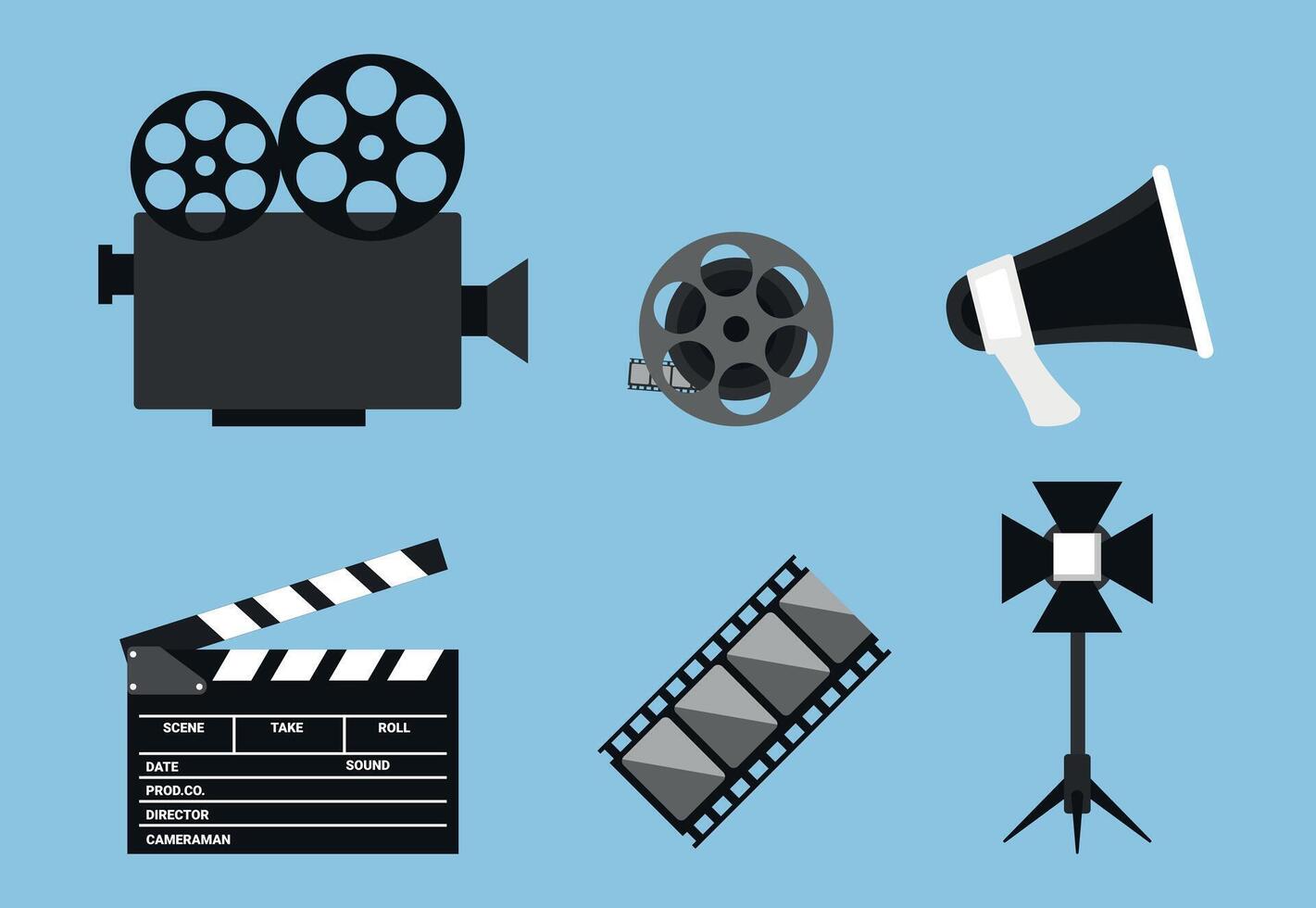 Cinema icons. Filmmaking equipment icon set. camera, film reel, clapperboard, film strip, loudspeaker, light projector. illustration in flat style vector