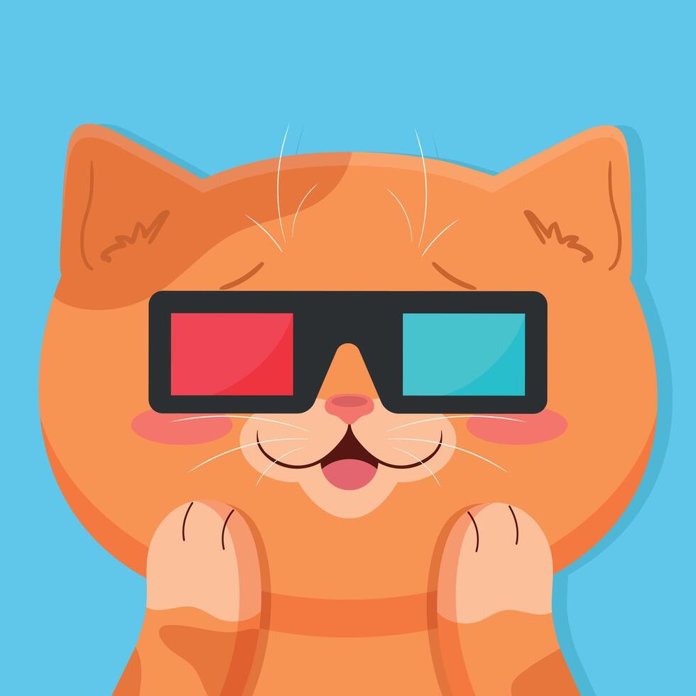 Cute excited ginger cat in 3d glasses. Cat watching a movie. Cute cartoon character. illustration vector