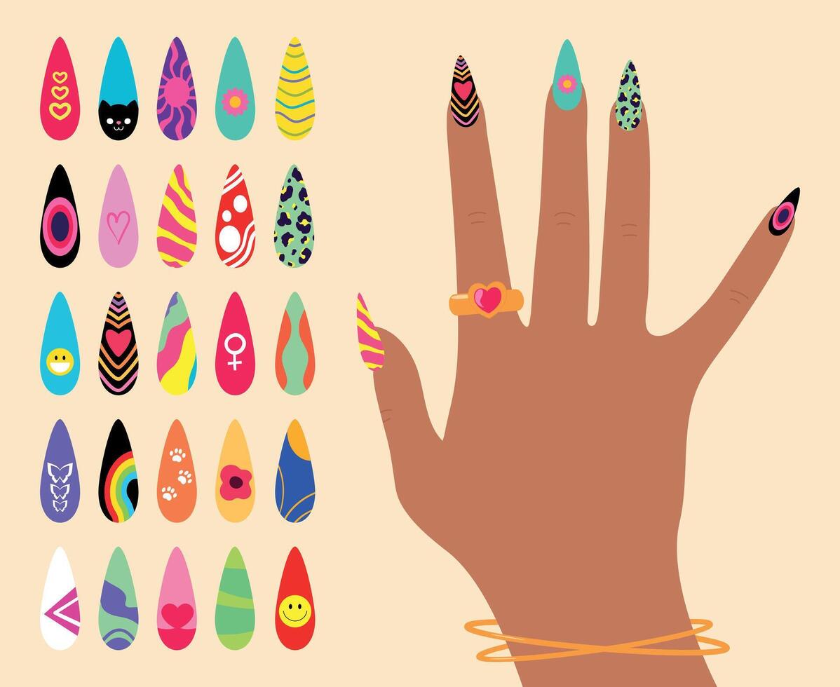 Nail design art. Bright colorful manicure design. Woman hand with fancy colored nails. illustration vector