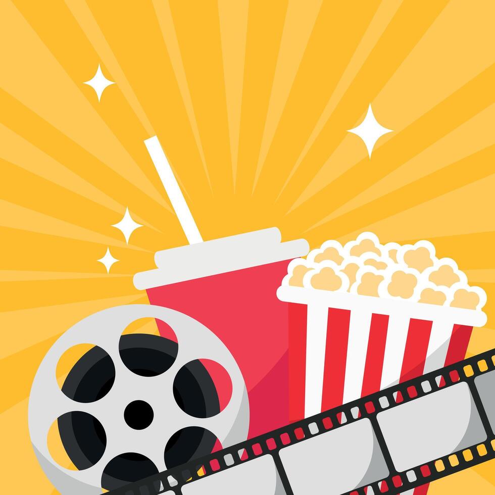 Cinema movie background. Popcorn bucket, cold drink soda with straw, film reel and film strip. Movie film premiere template vector