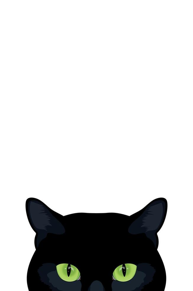 Peeking black cat with green eyes isolated on white background. Cat hides and peeks. illustration vector