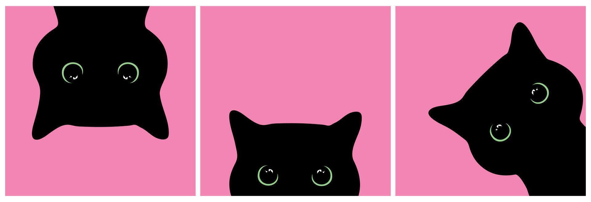 Peeking black cats set with big green eyes on pink background. Curious cats looking out. Cute black cat face. illustration vector
