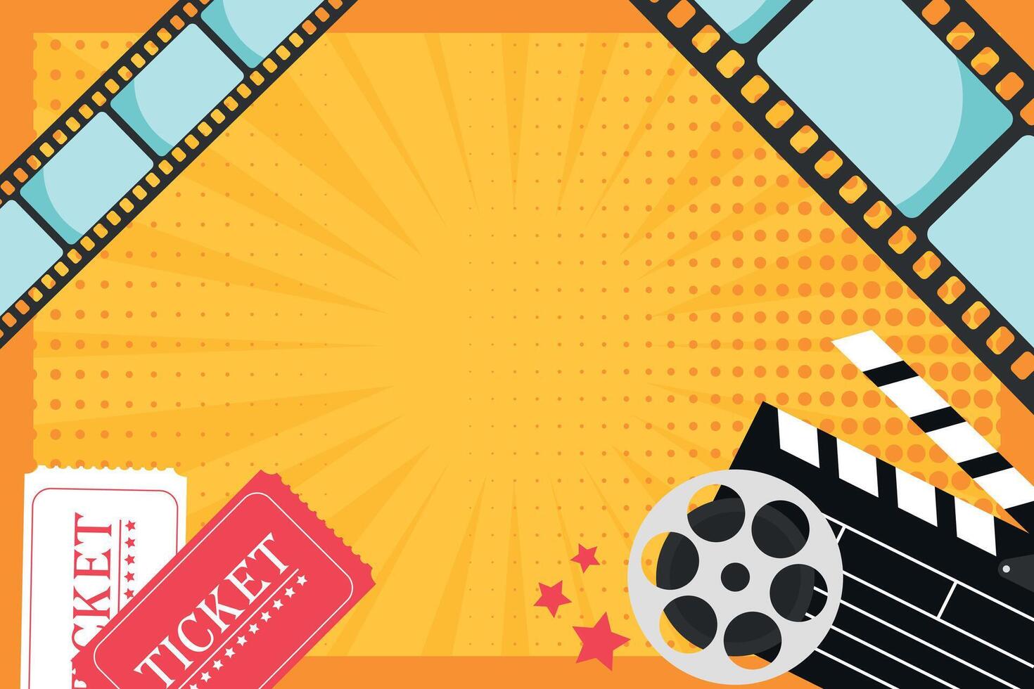 Cinema movie banner with pop art style elements. Clapper board, film reel, tickets and film strip. Movie film premiere template vector