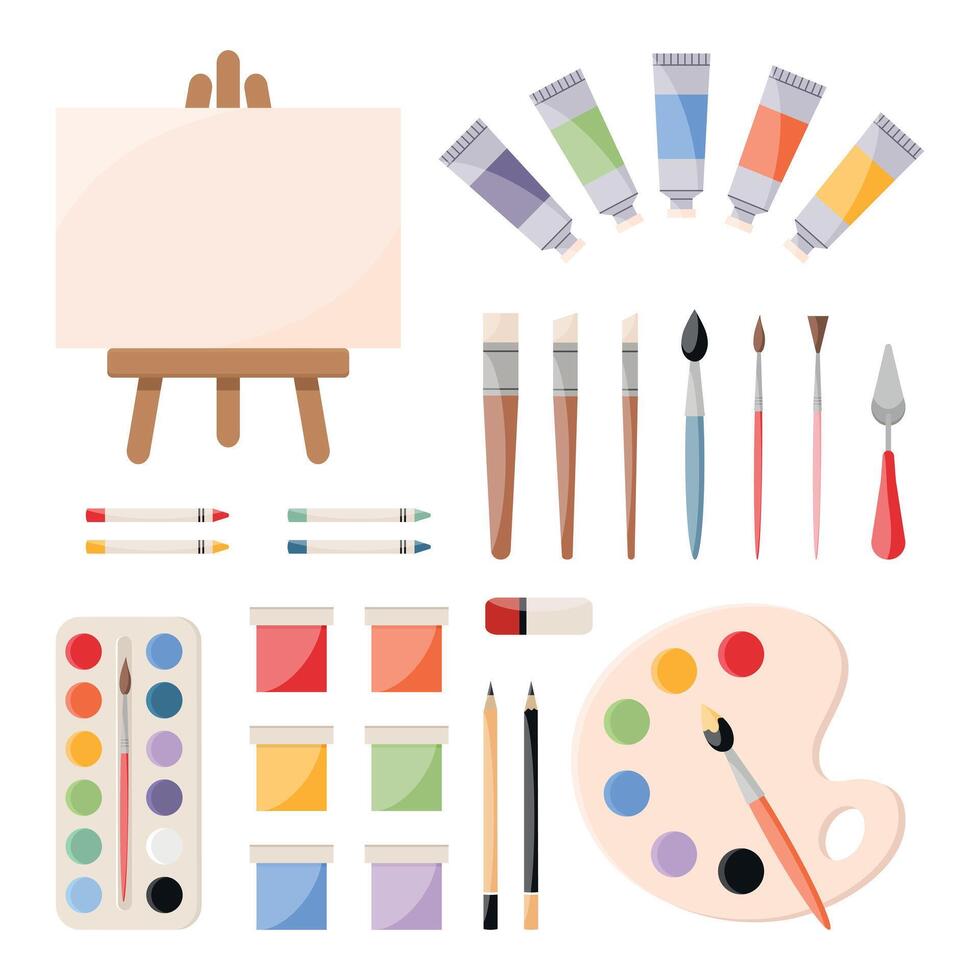Painting tools, art supplies set. Paints, canvas, paint tubes, brushes, palette knife, watercolor palette, crayons, pencils, eraser. Artist equipment icons. illustration vector