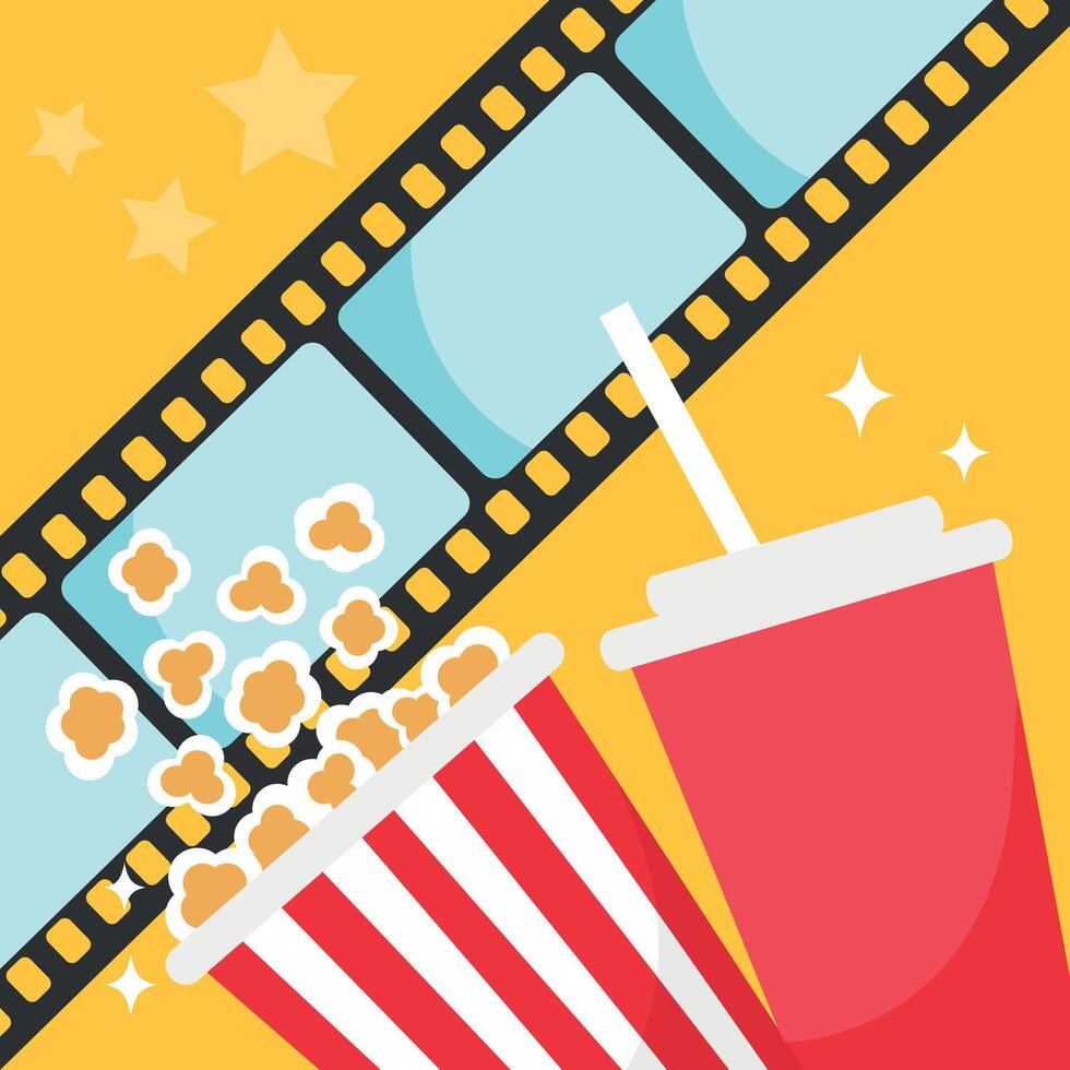 Cinema movie background. Popcorn bucket, cold drink soda with straw, film strip. Movie film premiere template vector