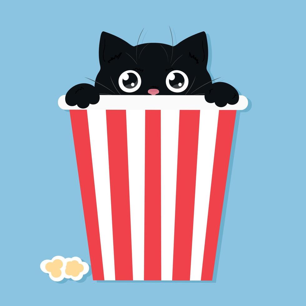 Cute black peeking cat. Cat is looking out of the popcorn bucket. Kitten hides and peeks. illustration vector