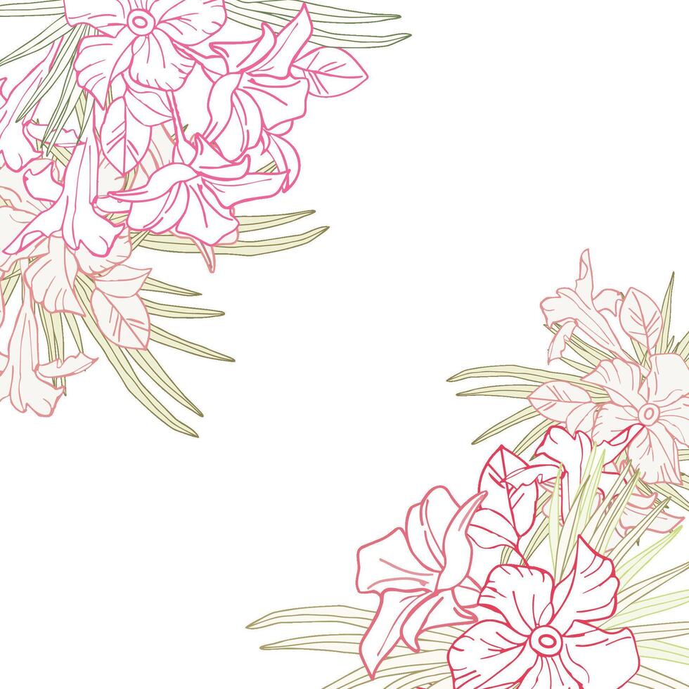 Jasmine flower and palm leaves line art frame for card, invite, scrapbook or wallpaper. Delicate tropical flower, background vector