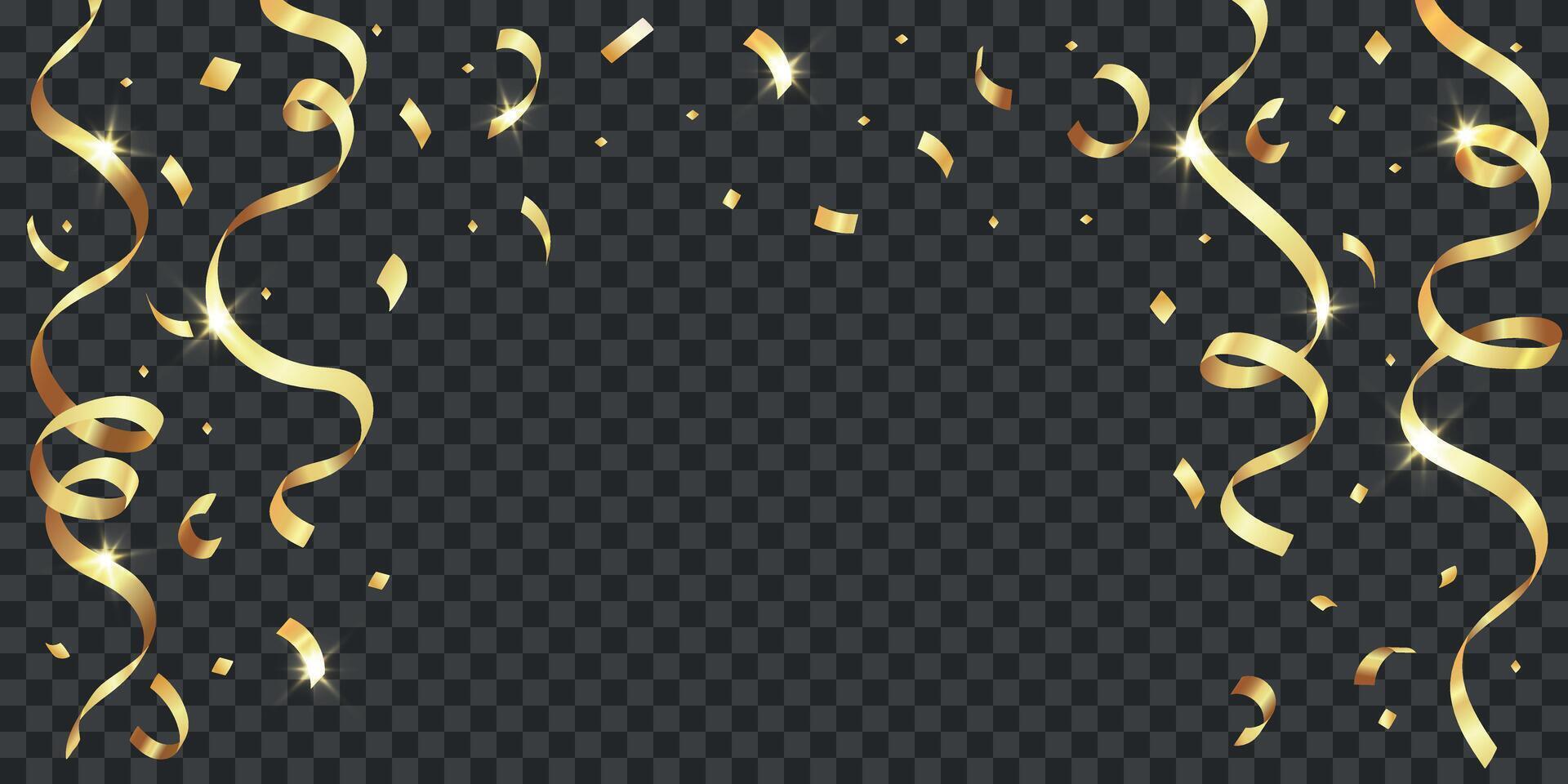 Glowing Frame with Confetti, Gold Ribbon, Serpentine, Shiny Border, Golden Sparkles, Abstract Background, Border, Celebrate, Presentation vector