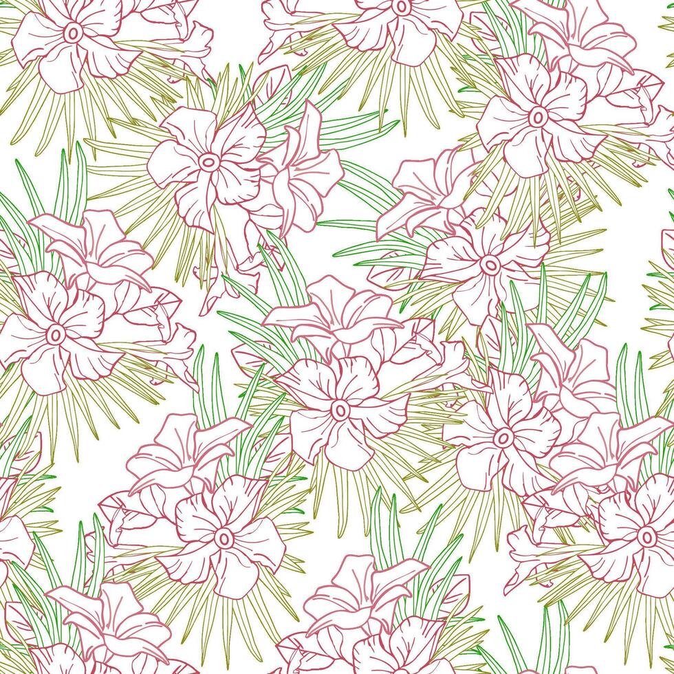 Jasmine flower and palm leaves line art seamless pattern for textile, scrapbook or wallpaper. Delicate tropical flower, background vector
