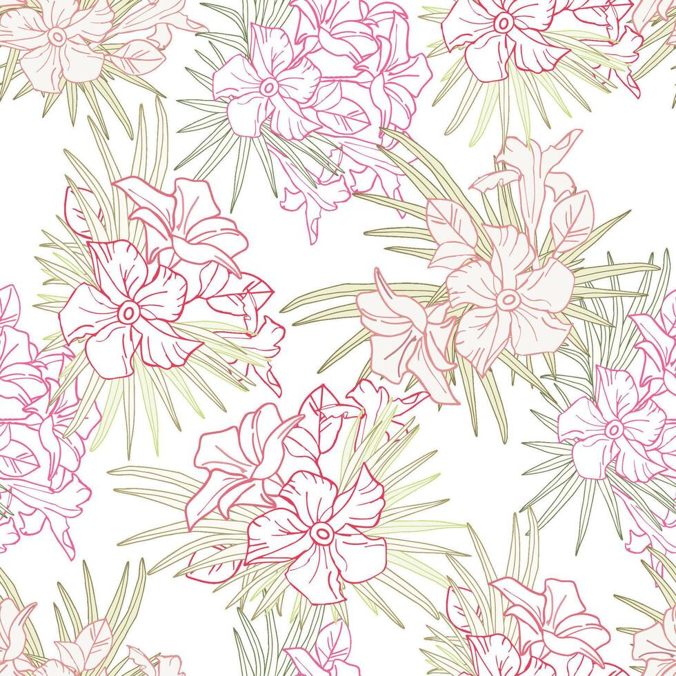Jasmine flower and palm leaves line art seamless pattern for textile, scrapbook or wallpaper. Delicate tropical flower, background vector