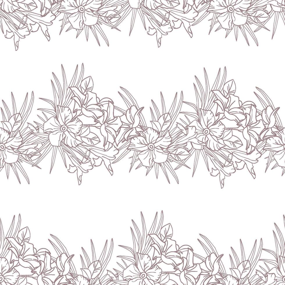 Jasmine flower and palm leaves line art seamless pattern for textile, scrapbook or wallpaper. Delicate tropical flower striped, background vector