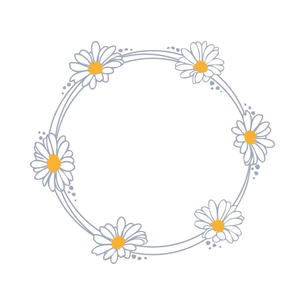 Daisy wreath for card or invitations Hand drawn, summer flower romantic style outline vector