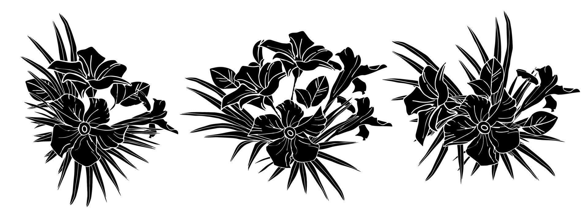Jasmine flower and palm leaves silhouette composition for design of card,stickers, scrapbook. Delicate tropical flower, background vector