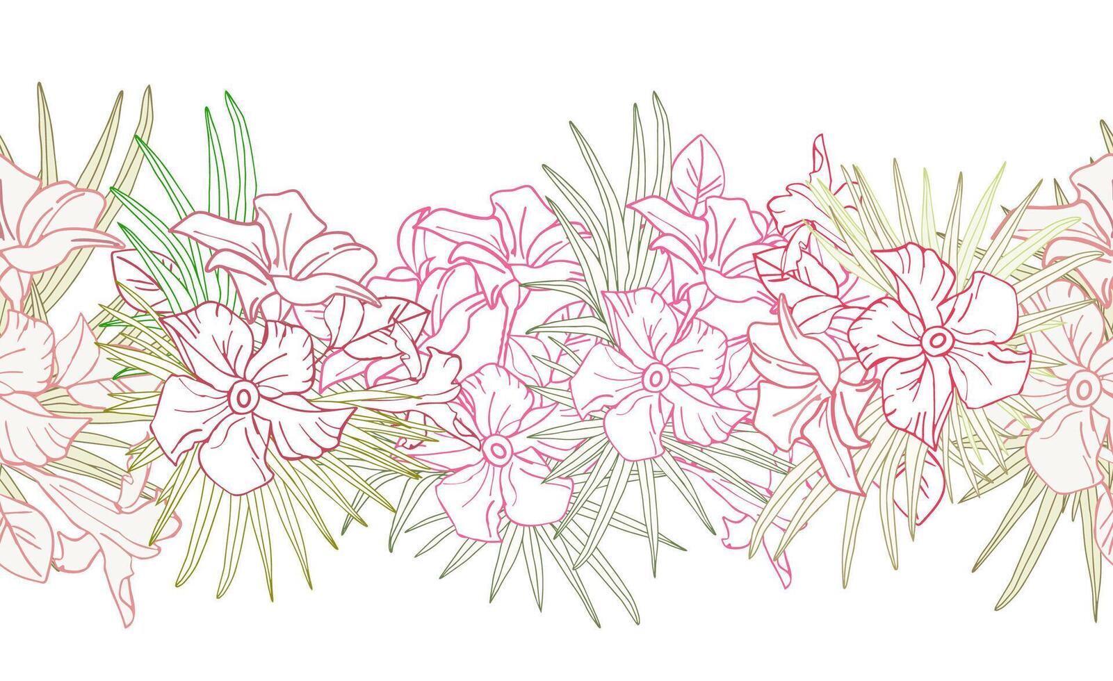 Jasmine flower and palm leaves line art seamless pattern boarder for textile, scrapbook or wallpaper. Delicate tropical flower, background vector