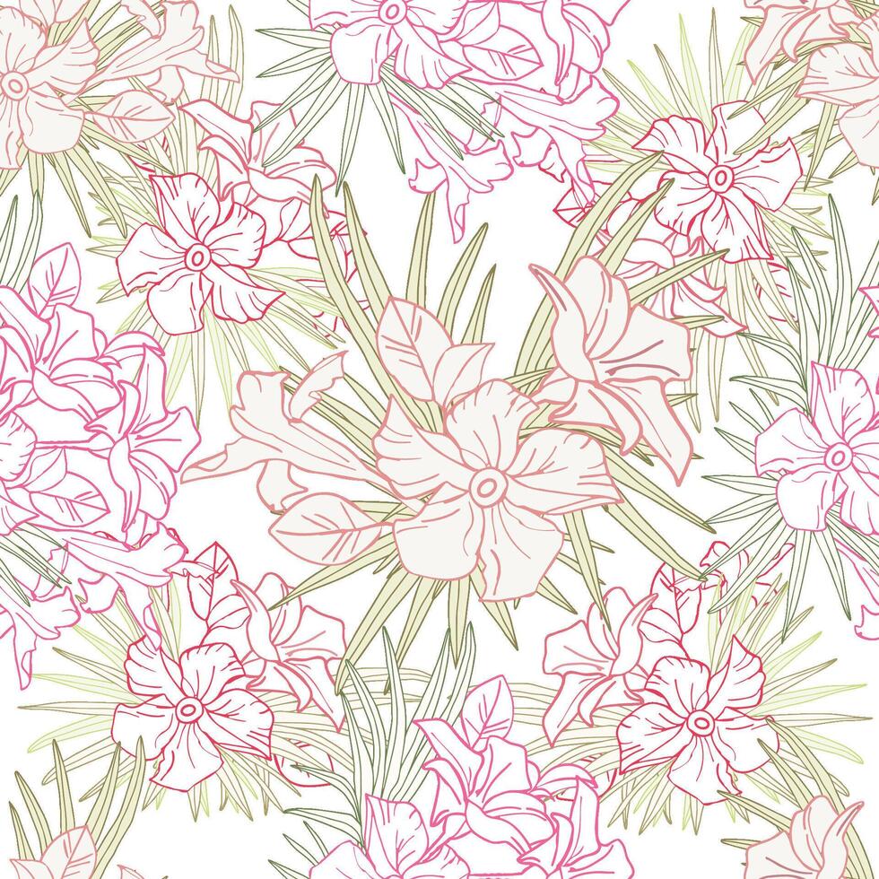 Jasmine flower and palm leaves line art seamless pattern for textile, scrapbook or wallpaper. Delicate tropical flower, background vector