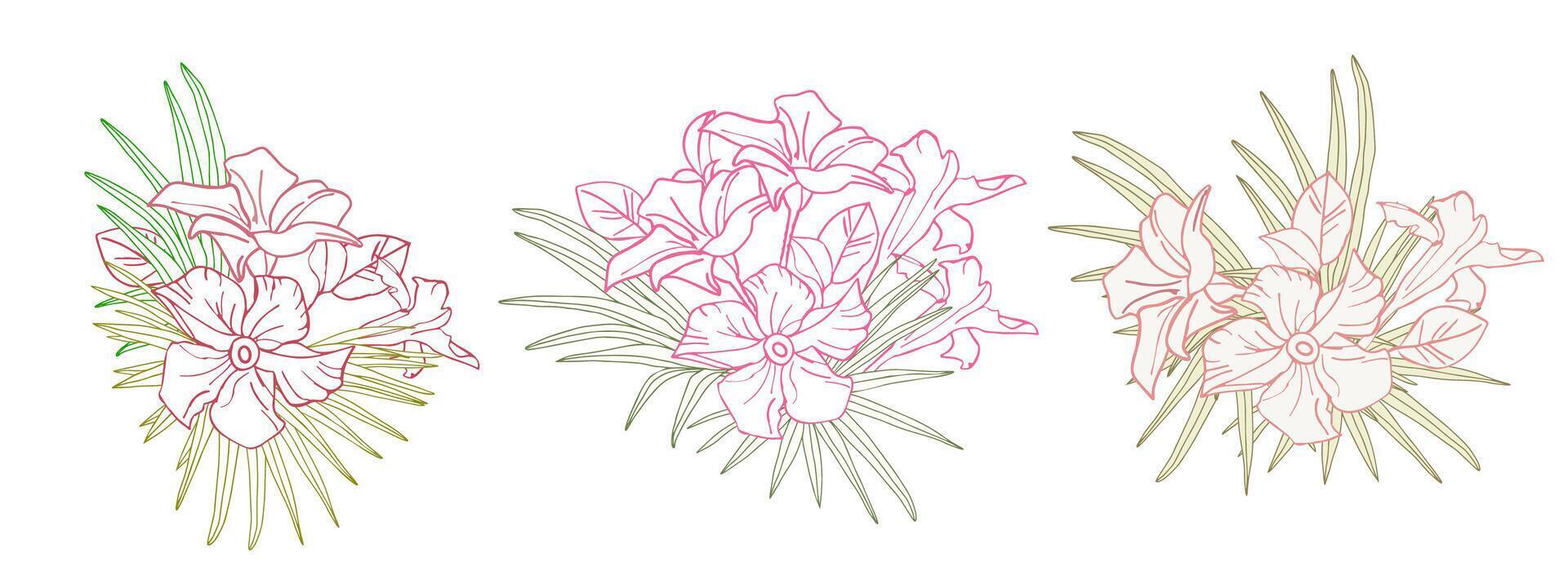 Jasmine flower and palm leaves line art composition for design of card,stickers, scrapbook. Delicate tropical flower, background vector