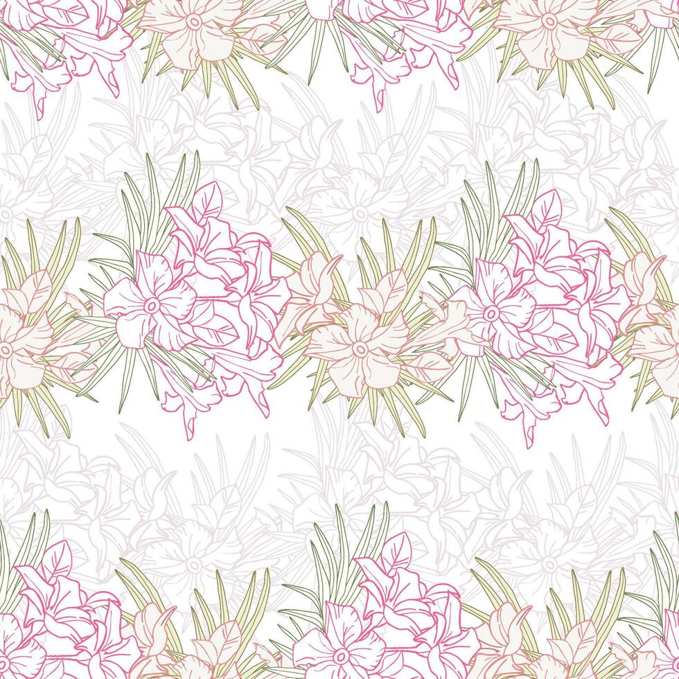 Jasmine flower and palm leaves line art seamless pattern for textile, scrapbook or wallpaper. Delicate tropical flower, background vector