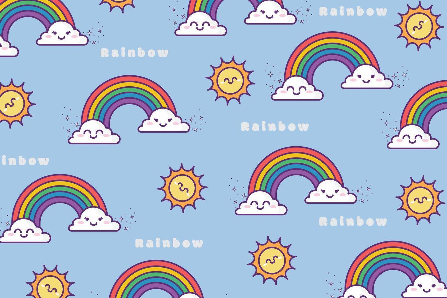 Rainbow, Cloud, and Sun Pattern. Rainbow, Sun and Cloud in Blue Background vector