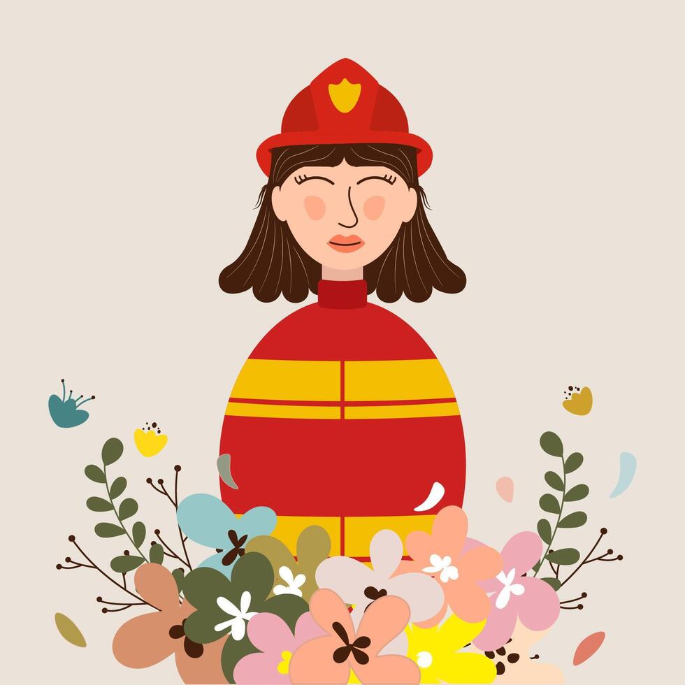 Illustration of female firefighter with flower frame vector