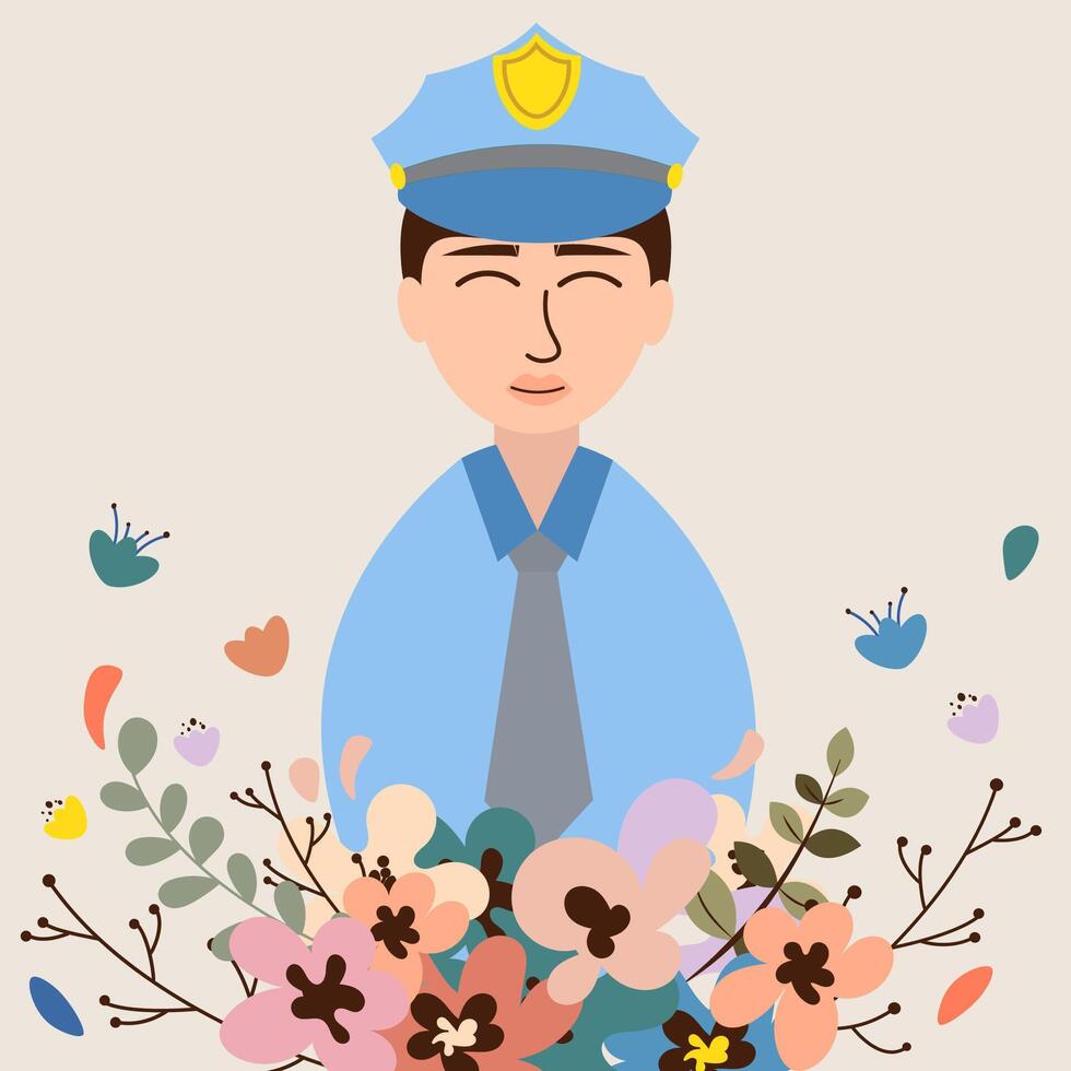 Illustration of smiling policeman with flowers vector