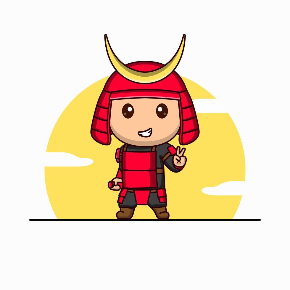 Cute Samurai Peace Hand Symbol Cartoon Illustration Icon Mascot. Cartoon Style. vector