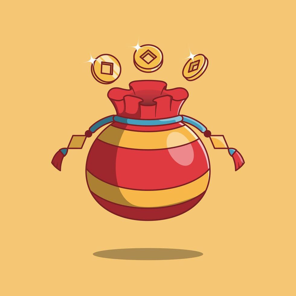 Free Red Pouch With Coins. Money Bag. Chinese. Cartoon. Illustration. Icon. Chinese New Year. Chinese New Year Elements. vector