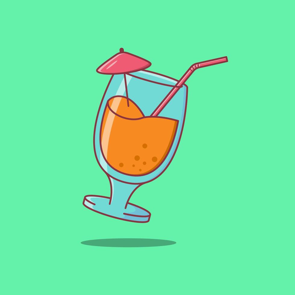 Free Glasses Of Orange Juice With Straw And Cocktail Umbrella Illustration. Food And Drink Cartoon Icon. vector