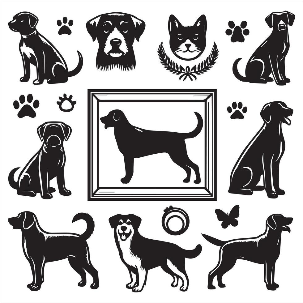Print A collage of a dog a plant in an illustrated frame risograph silhouette white background vector