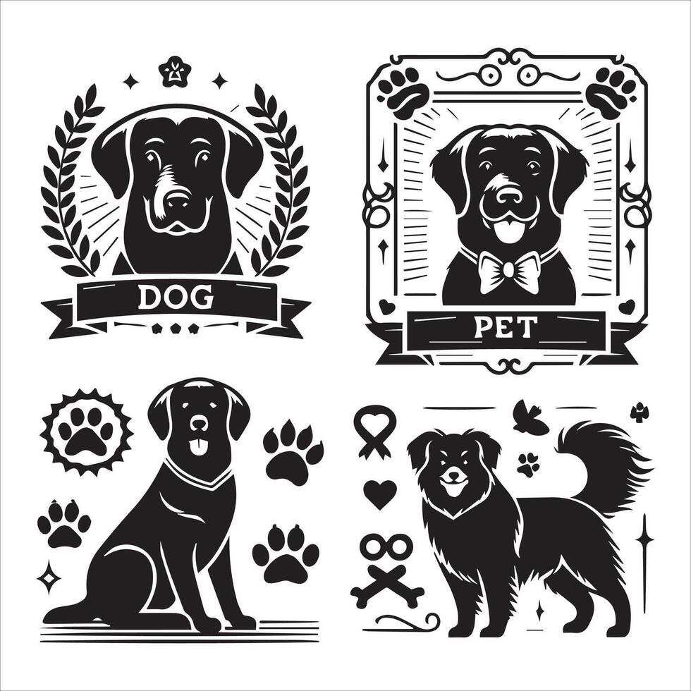 Print A collage of a dog a plant in an illustrated frame risograph silhouette white background vector
