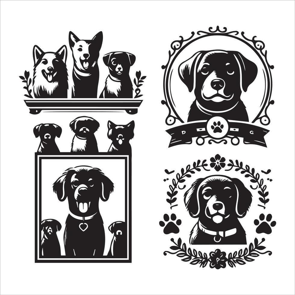 Print A collage of a dog a plant in an illustrated frame risograph silhouette white background vector