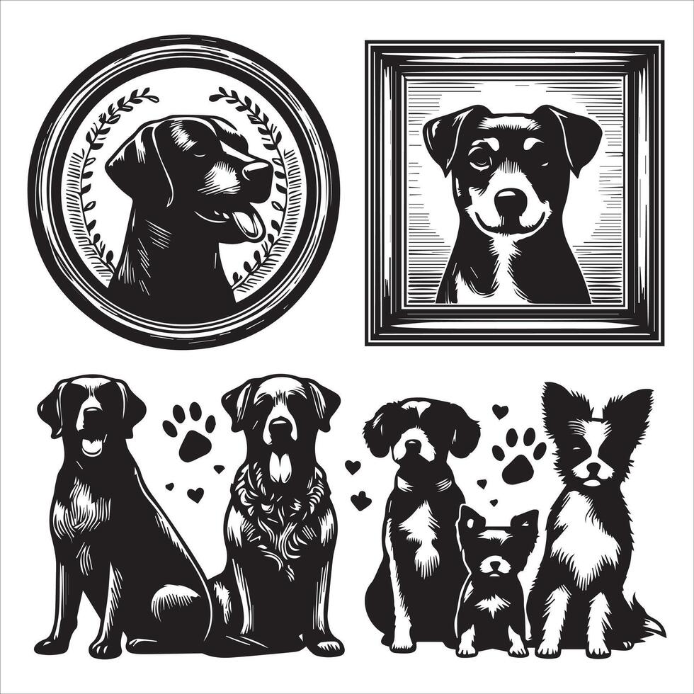 Print A collage of a dog a plant in an illustrated frame risograph silhouette white background vector