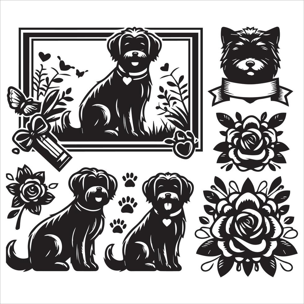 Print A collage of a dog a plant in an illustrated frame risograph silhouette white background vector