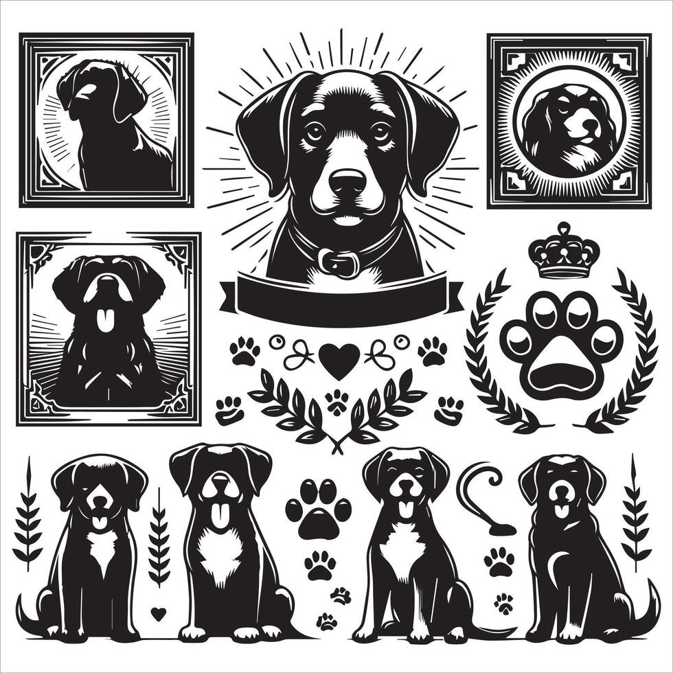 Print A collage of a dog a plant in an illustrated frame risograph silhouette white background vector