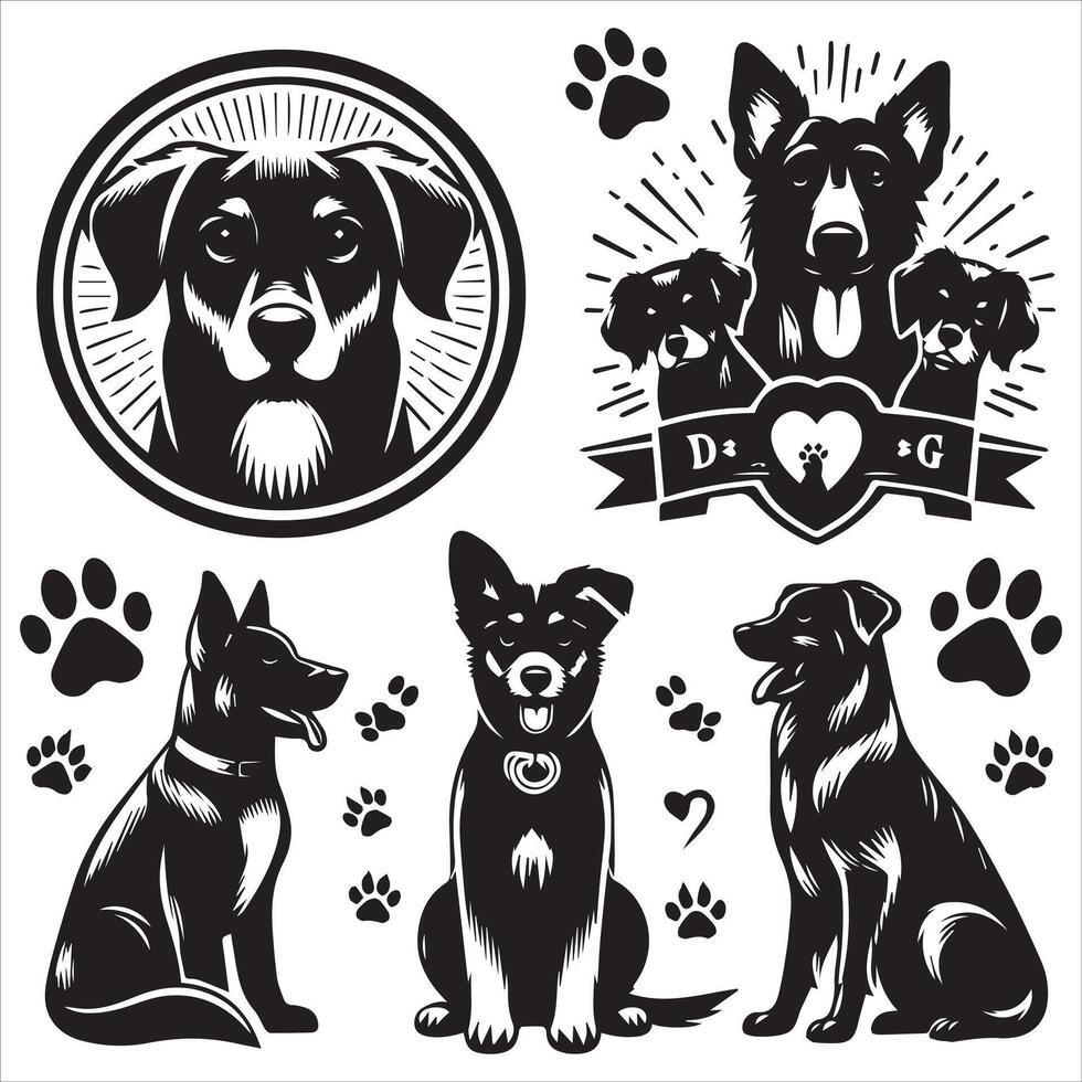 Print A collage of a dog a plant in an illustrated frame risograph silhouette white background vector