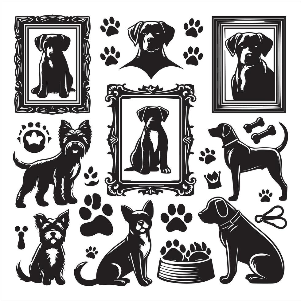 Print A collage of a dog a plant in an illustrated frame risograph silhouette white background vector