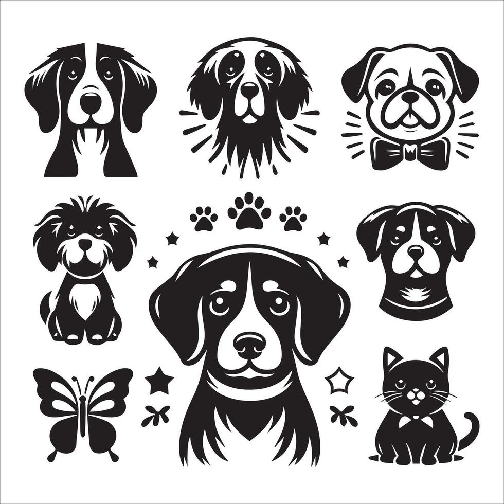 Print A collage of a dog a plant in an illustrated frame risograph silhouette white background vector