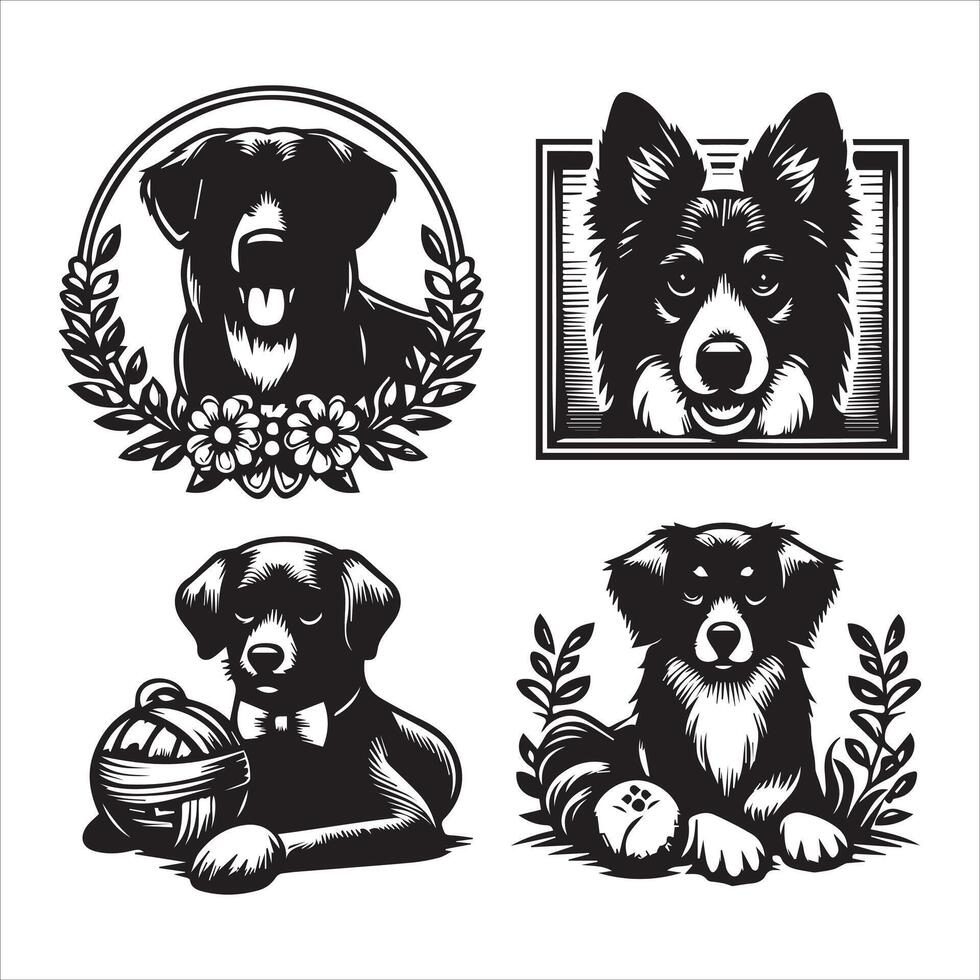 Print A collage of a dog a plant in an illustrated frame risograph silhouette white background vector