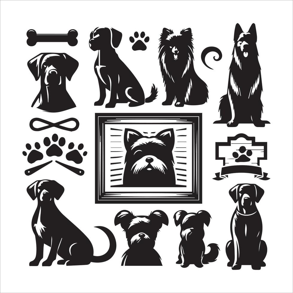 Print A collage of a dog a plant in an illustrated frame risograph silhouette white background vector