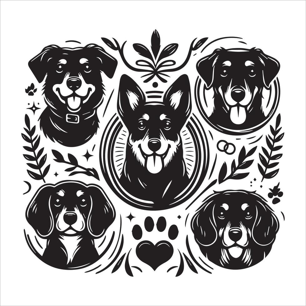 Print A collage of a dog a plant in an illustrated frame risograph silhouette white background vector