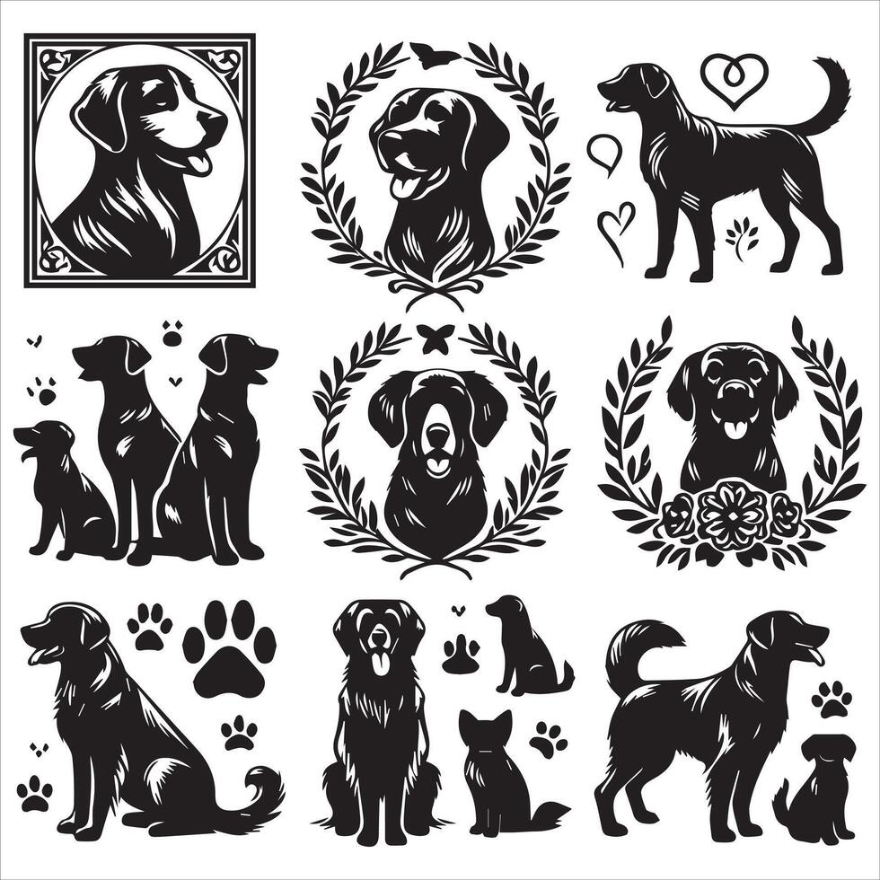 Print A collage of a dog a plant in an illustrated frame risograph silhouette white background vector
