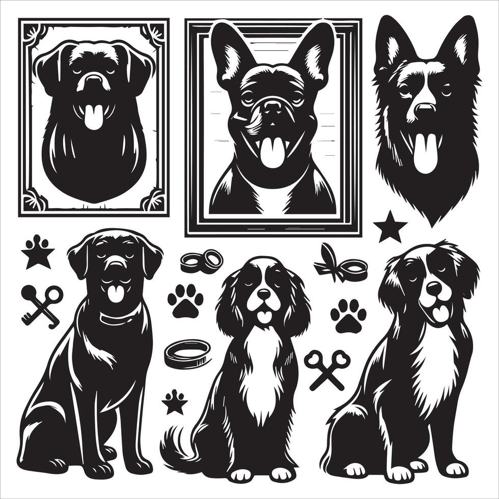 Print A collage of a dog a plant in an illustrated frame risograph silhouette white background vector