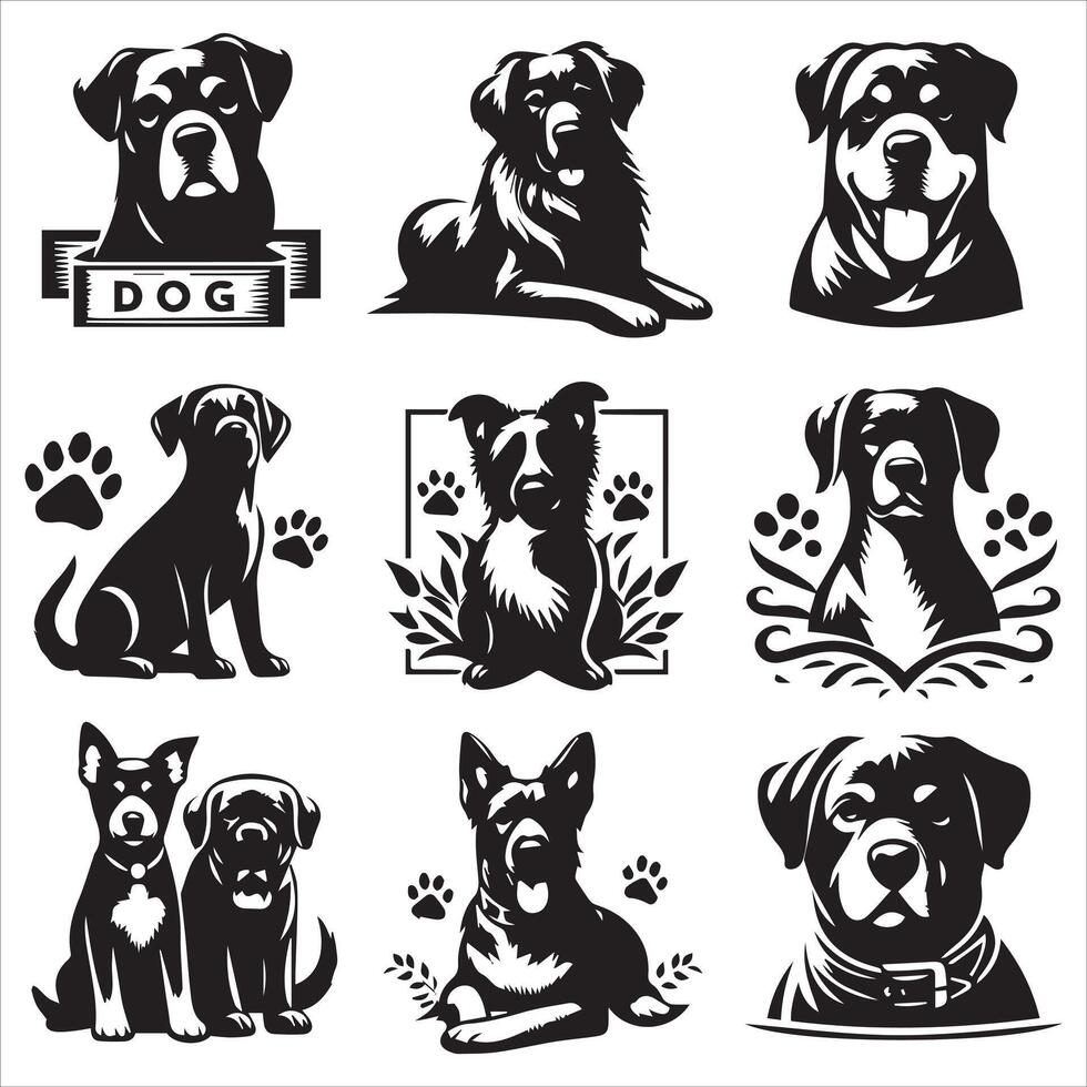 Print A collage of a dog a plant in an illustrated frame risograph silhouette white background vector