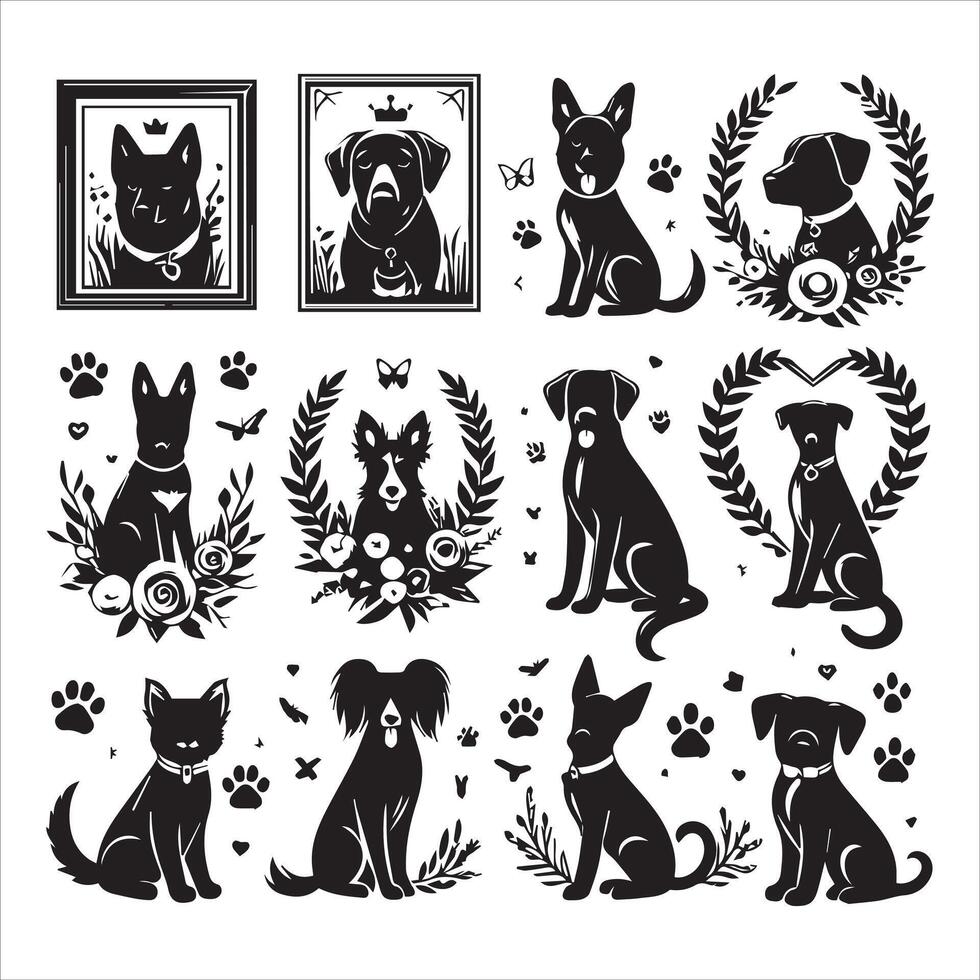 Print A collage of a dog a plant in an illustrated frame risograph silhouette white background vector