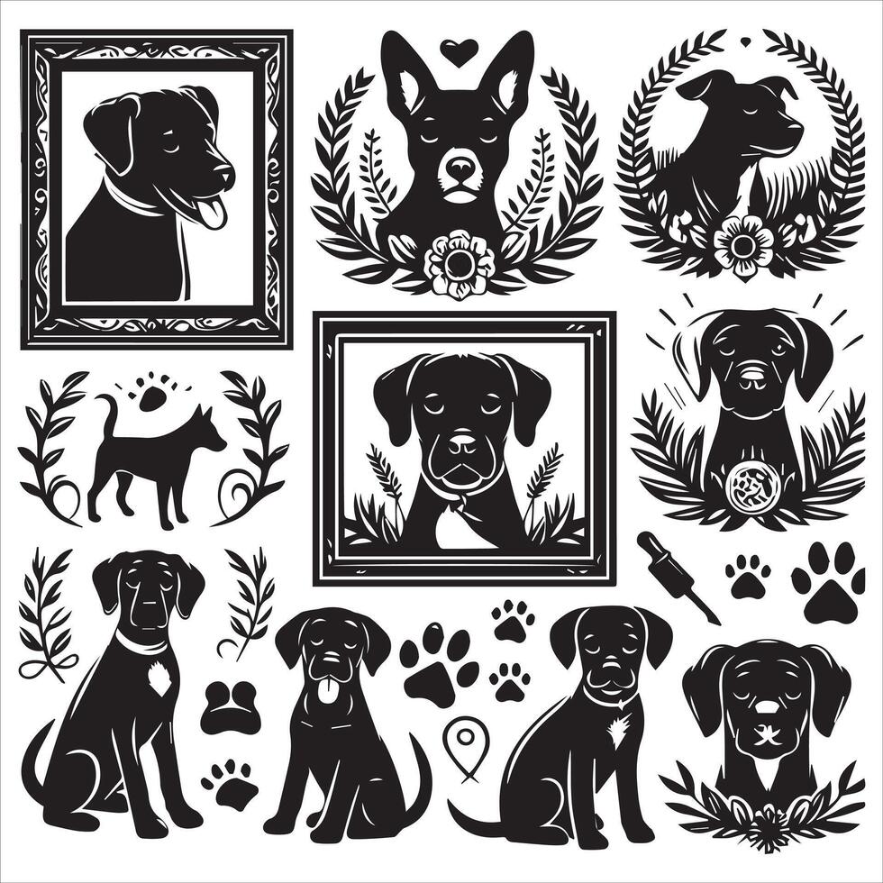 Print A collage of a dog a plant in an illustrated frame risograph silhouette white background vector